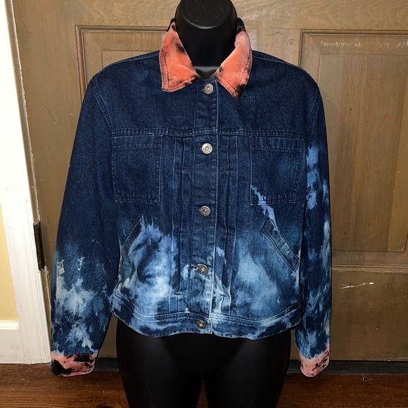 Liz Claiborne Blue Grunge Button Up Jacket Orange Velvet Collar & Cuffs Size S - Picture 2 of 14
